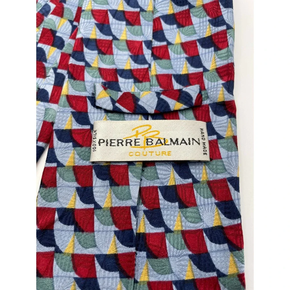 Pierre Balmain Couture Silk Tie Mens Red Blue Geometric Fan Mosaic Hand Made